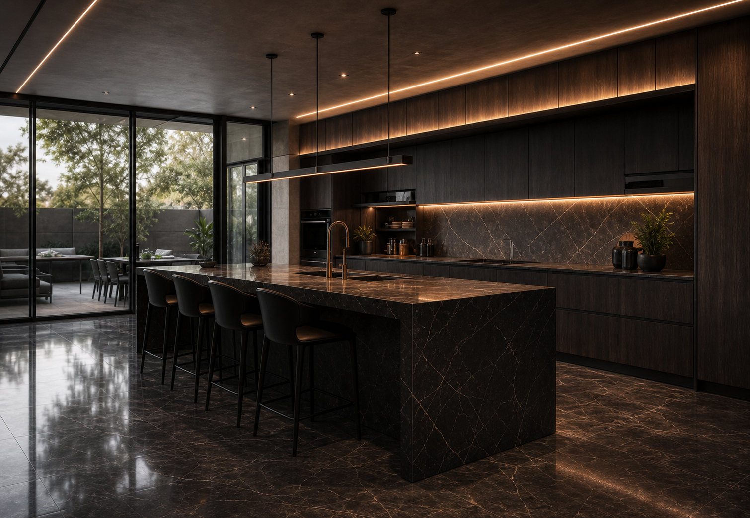 Professionally photographed dark modern kitchen with stone finishes
