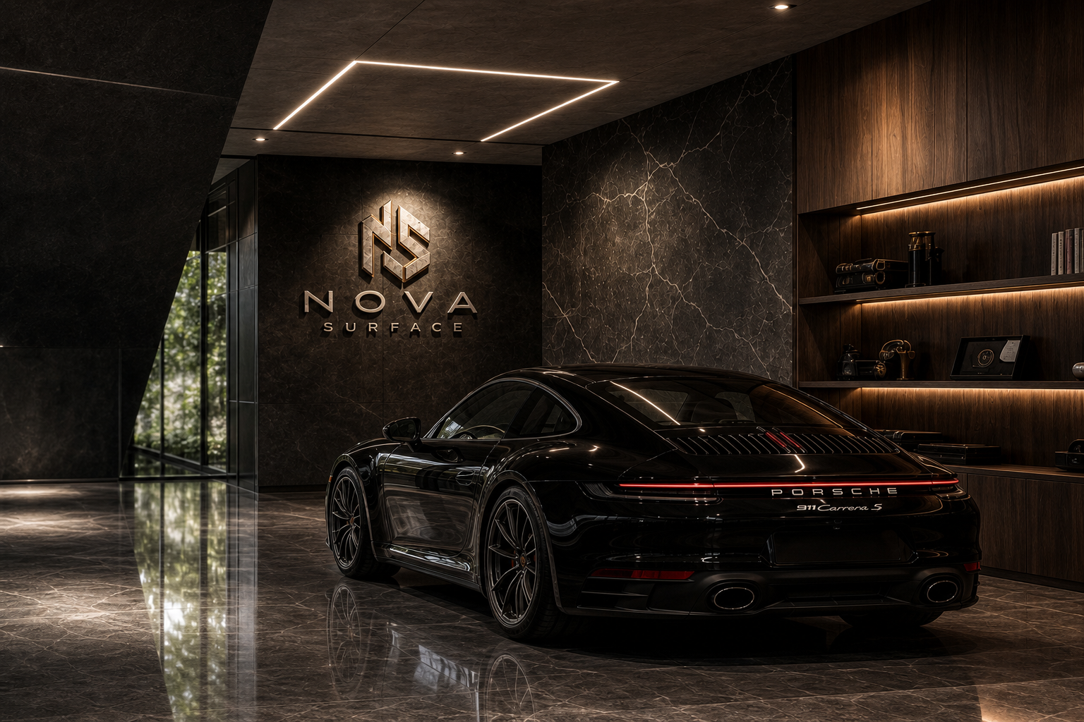 Professionally photographed luxury garage with polished floor