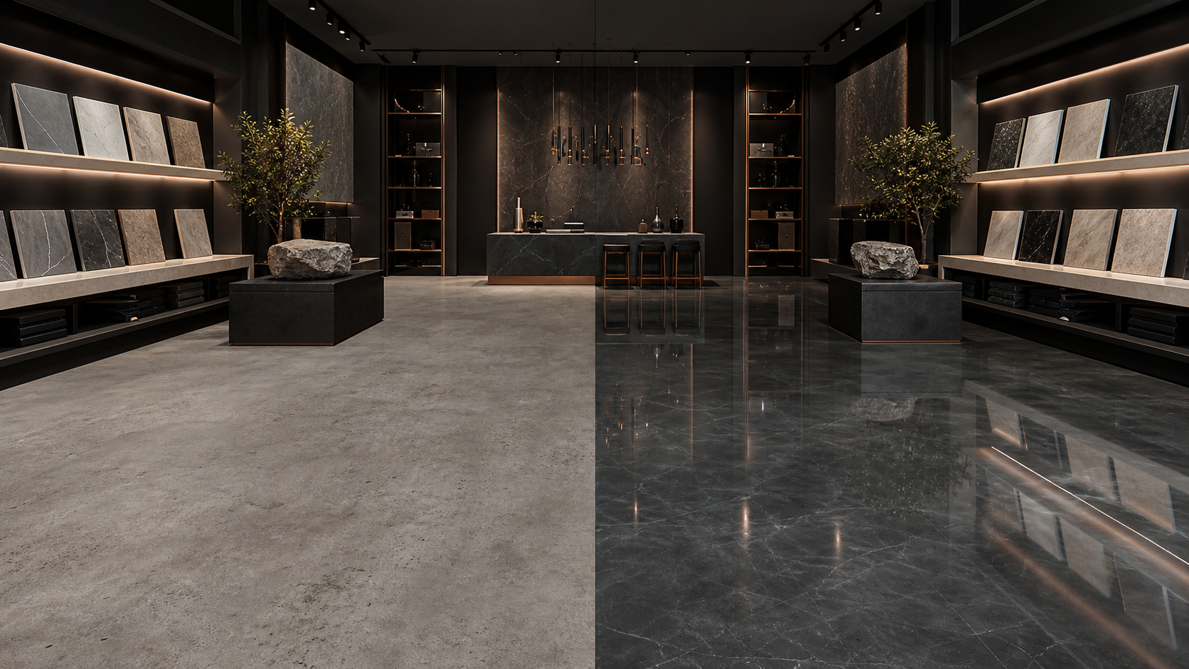 Commercial showroom before and after polished metallic epoxy transformation
