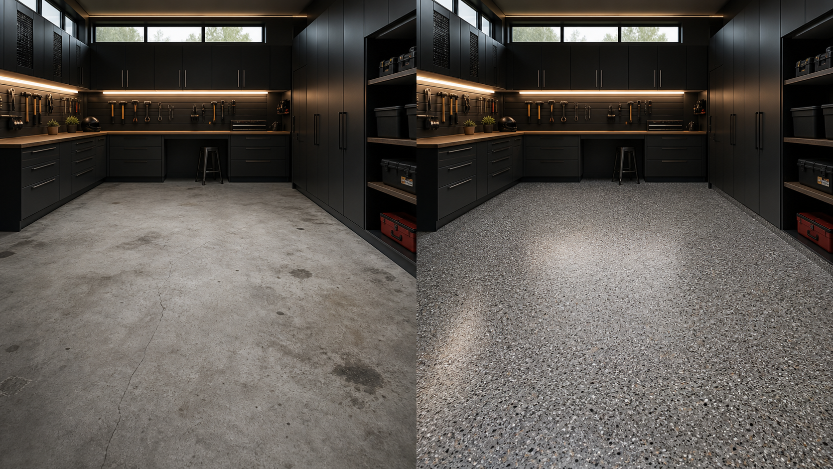 Modern workshop before and after custom flake epoxy floor transformation