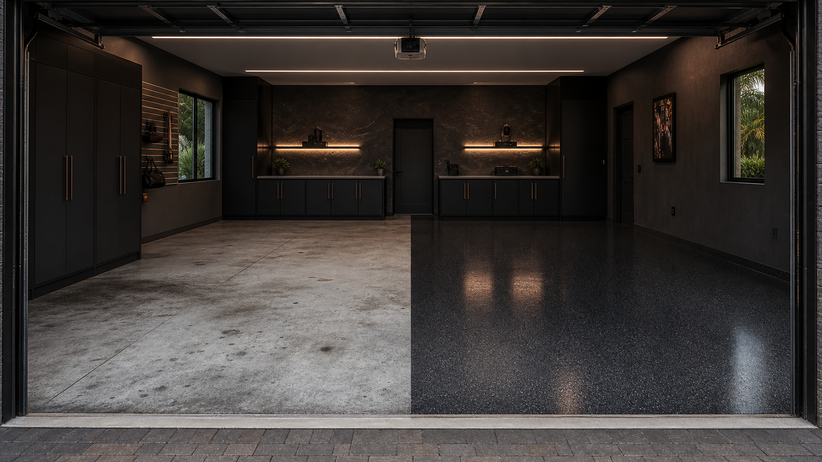 Luxury garage before and after charcoal flake epoxy floor transformation
