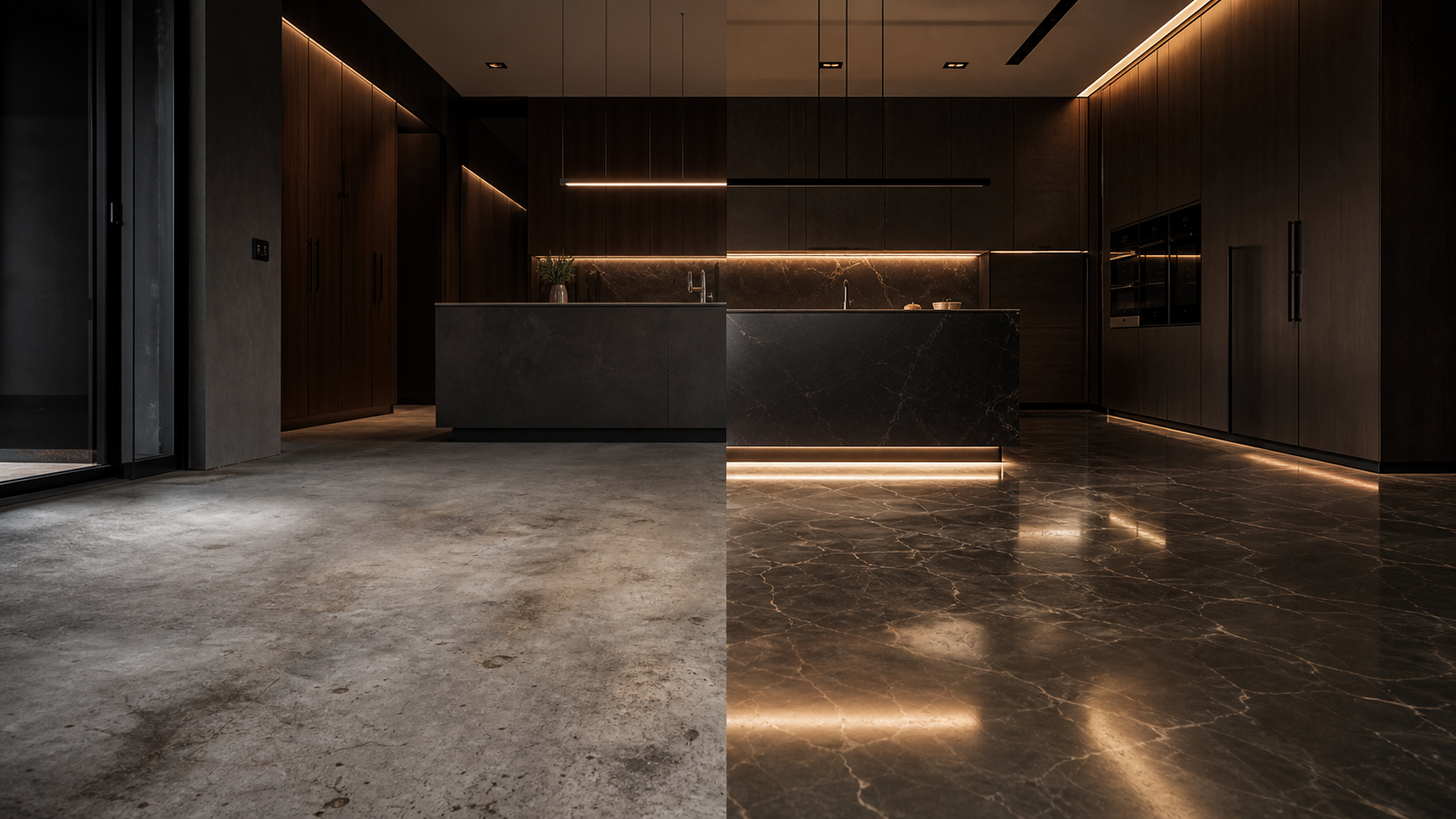 Modern kitchen before and after metallic epoxy floor transformation