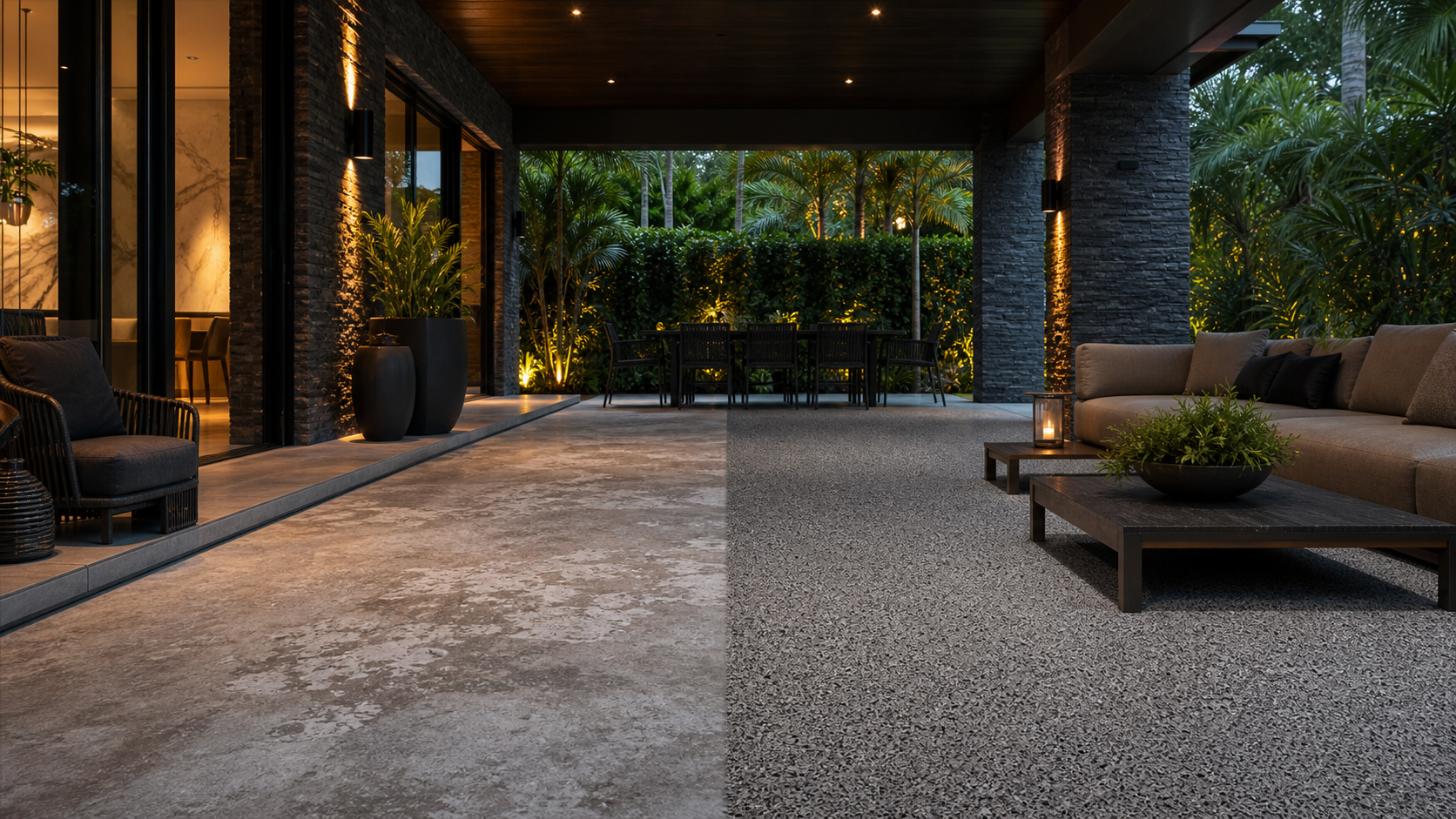 Luxury covered patio before and after decorative flake floor transformation